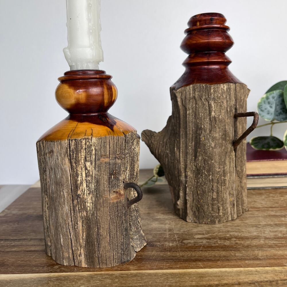 Vintage Set of Rustic Handcrafted Raw Bark Wooden Candle Holders Cabin Country